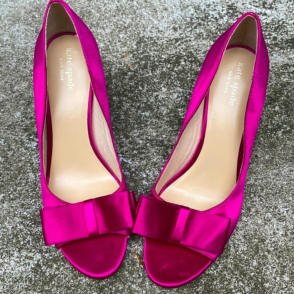 kate spade Hot Pink Satin Bow Peep-Toe Heels